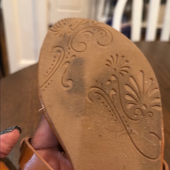 Tan Pierre Dumas limit style slip on sandal with gold emblem detail. - Picture 4 of 4